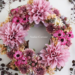 ☆ダリア＆コスモス リース モーブピンク＜アーティフィシャルフラワー＞28cm 4枚目の画像
