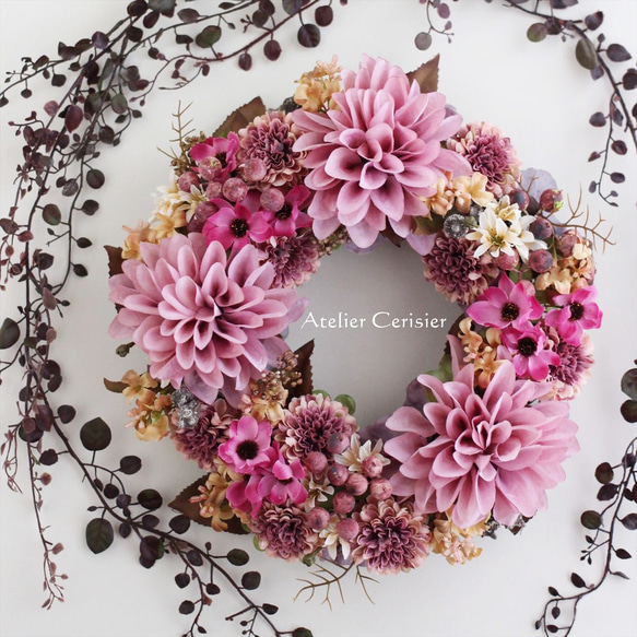 ☆ダリア＆コスモス リース モーブピンク＜アーティフィシャルフラワー＞28cm 1枚目の画像