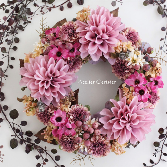 ☆ダリア＆コスモス リース モーブピンク＜アーティフィシャルフラワー＞28cm 2枚目の画像