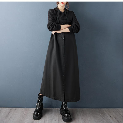 大きいサイズ 新品 秋冬 フード付 ロング パーカー ワンピース 黒