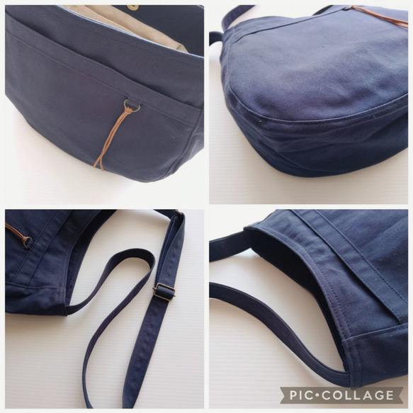 11号帆布 Sサイズのショルダー　(ネイビー)　 両側外ポケット肩ひも調節サコッシュ 4枚目の画像