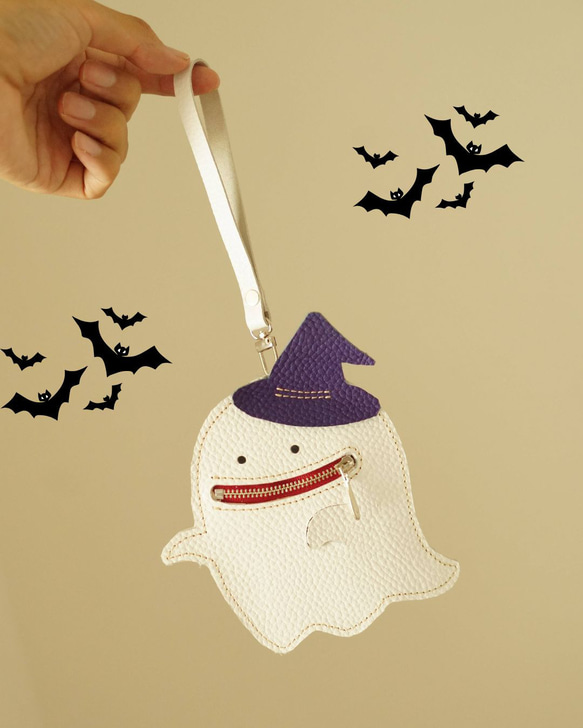 ハロウィンに！本革レザー・いたずら好きな王冠を拾ったオバケくんのカード＆コインケース　ミニポーチ　ストラップ取り付け可能 14枚目の画像