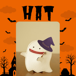ハロウィンに！本革レザー・いたずら好きな王冠を拾ったオバケくんのカード＆コインケース　ミニポーチ　ストラップ取り付け可能 11枚目の画像
