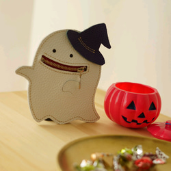 ハロウィンに！本革レザー・いたずら好きなリボンでおめかしオバケちゃんのカード＆コインケース　ストラップ取り付け可能 7枚目の画像