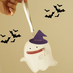 ハロウィンに！本革レザー・いたずら好きな魔法使い見習いオバケくんのカード＆コインケース　ストラップ取り付け可能 14枚目の画像