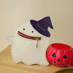 ハロウィンに！本革レザー・いたずら好きな魔法使い見習いオバケくんのカード＆コインケース　ストラップ取り付け可能 7枚目の画像