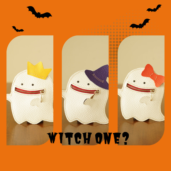 ハロウィンに！本革レザー・いたずら好きな魔法使い見習いオバケくんのカード＆コインケース　ストラップ取り付け可能 2枚目の画像