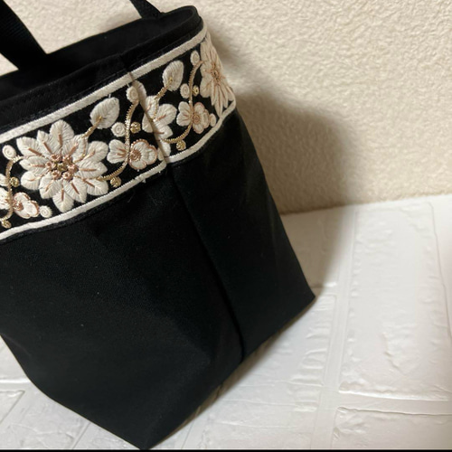 インド刺繍リボン 帆布トートバッグ インド刺繍レース付きトートバッグ