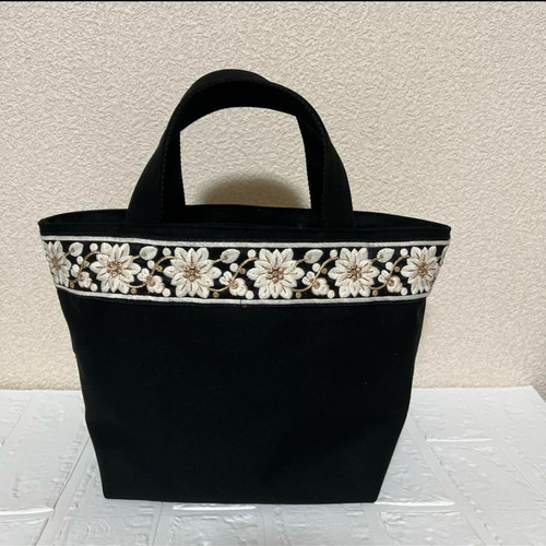インド刺繍リボン 帆布トートバッグ インド刺繍レース付きトートバッグ