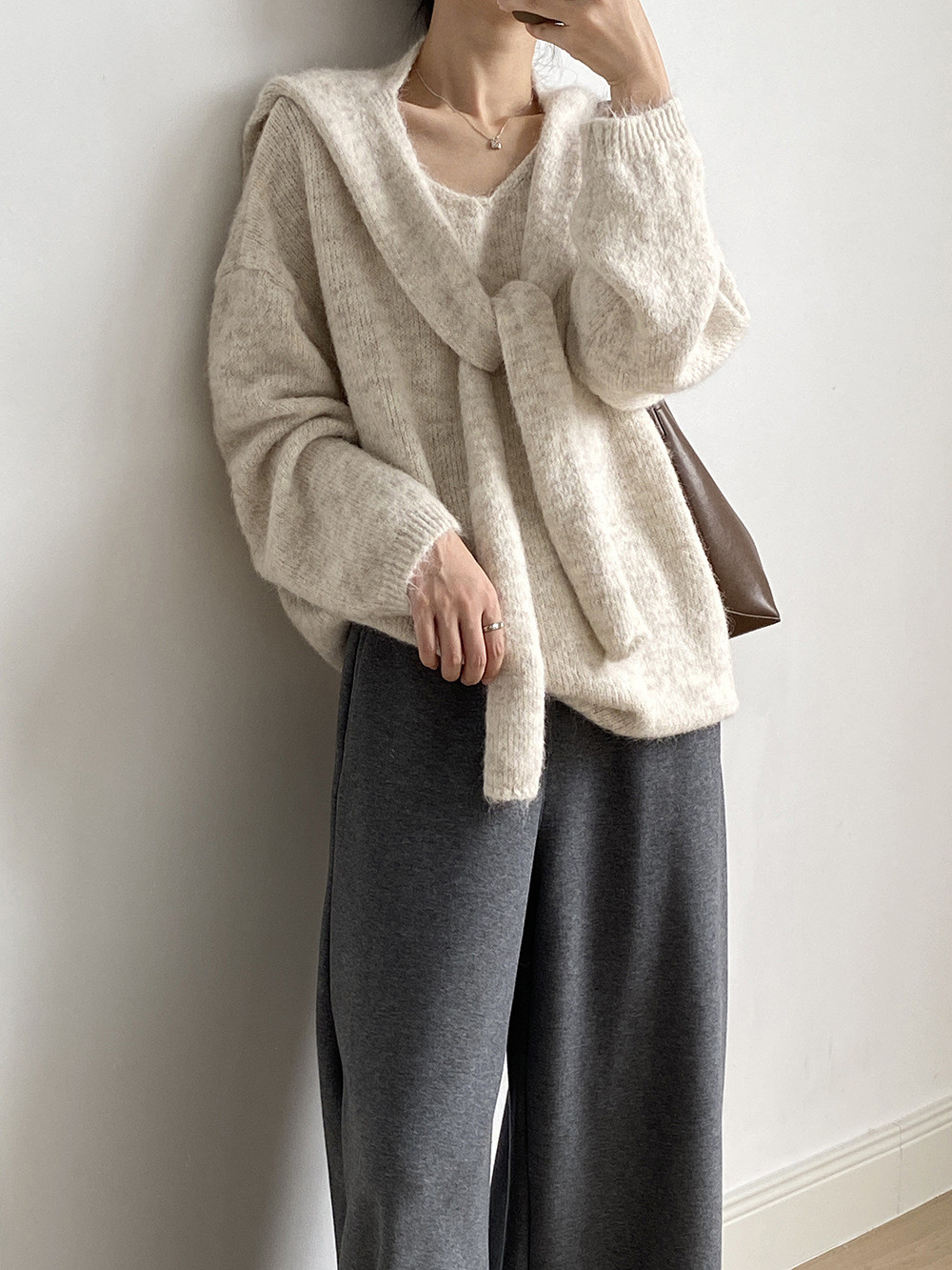 秋レディースV ネックセーター＋ショール 2 点セット【返品・交換可】品質最優先25-423