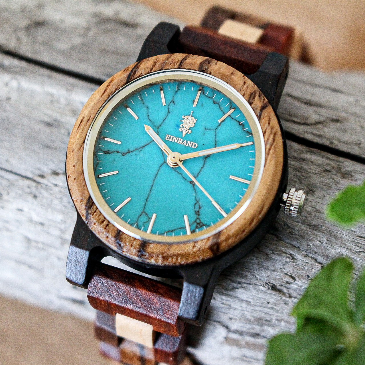 【木製腕時計】EINBAND Schatz ターコイズ文字盤 天然石×木製腕時計 32mm