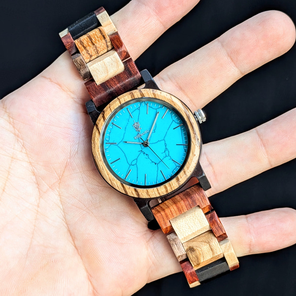 【木製腕時計】EINBAND Schatz ターコイズ文字盤 天然石×木製腕時計 40mm 5枚目の画像