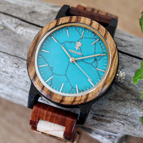 【木製腕時計】EINBAND Schatz ターコイズ文字盤 天然石×木製腕時計 40mm 1枚目の画像
