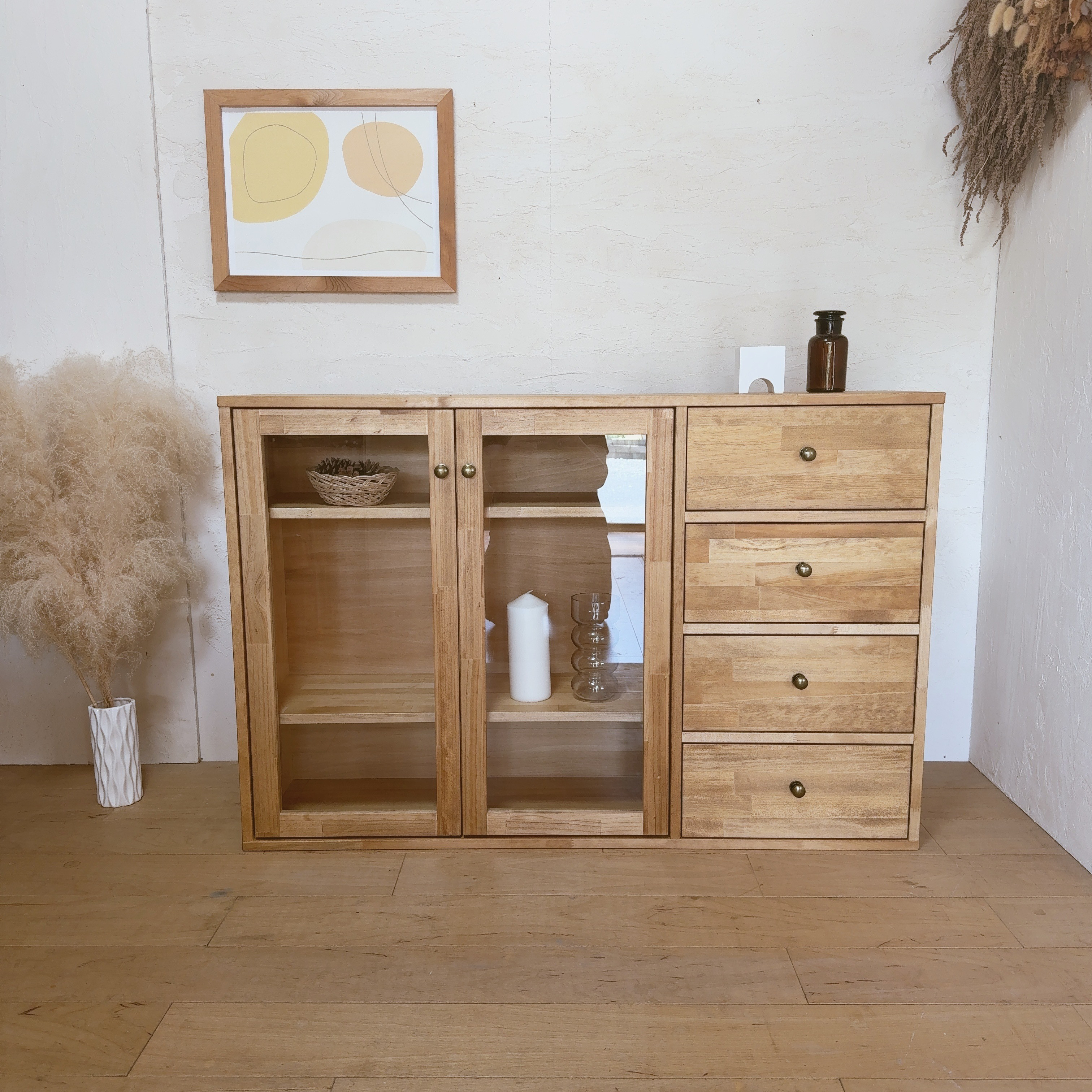 W120　ガラスキャビネット　チェスト　扉　北欧　シンプル　ナチュラル　リビングボード　サイドボード　ha35