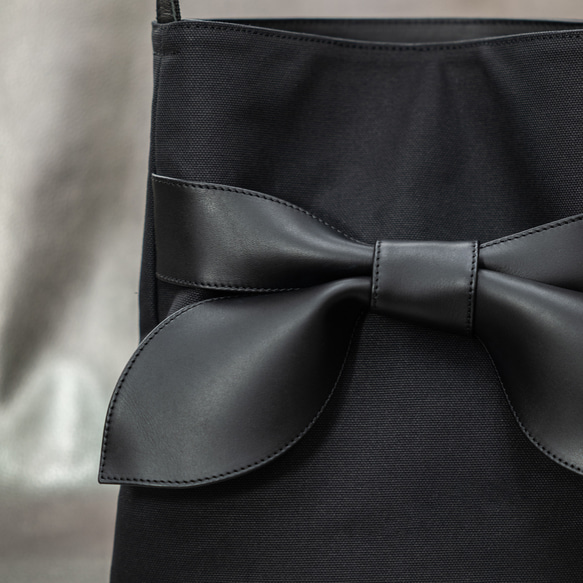 リネン＆本革リボン ショルダーバッグ 6号帆布  麻 キャンバス 【オールブラック】 3枚目の画像