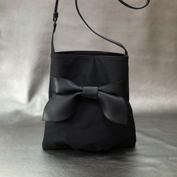 リネン＆本革リボン ショルダーバッグ 6号帆布  麻 キャンバス 【オールブラック】 2枚目の画像