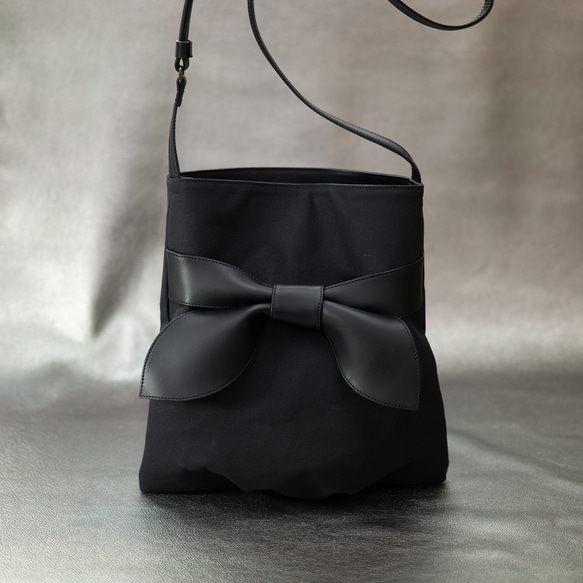 リネン＆本革リボン ショルダーバッグ 6号帆布  麻 キャンバス 【オールブラック】 2枚目の画像