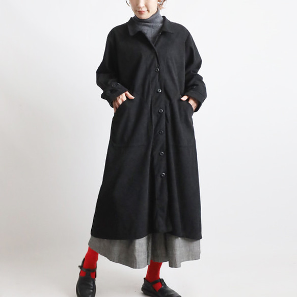 ラスト３　新作　ニット コーデュロイ　角襟 ロングコート 後ろリボン スリット入　ジャケット　黒　K28C 17枚目の画像