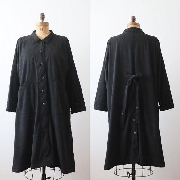 ラスト３　新作　ニット コーデュロイ　角襟 ロングコート 後ろリボン スリット入　ジャケット　黒　K28C 12枚目の画像