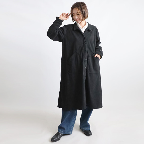 ラスト３　新作　ニット コーデュロイ　角襟 ロングコート 後ろリボン スリット入　ジャケット　黒　K28C 2枚目の画像