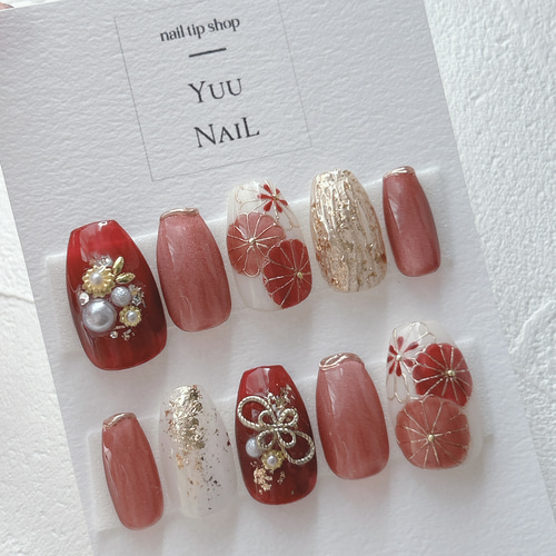 No.177 【成人式おすすめdesign♡】ネイルチップ 赤 マグネット