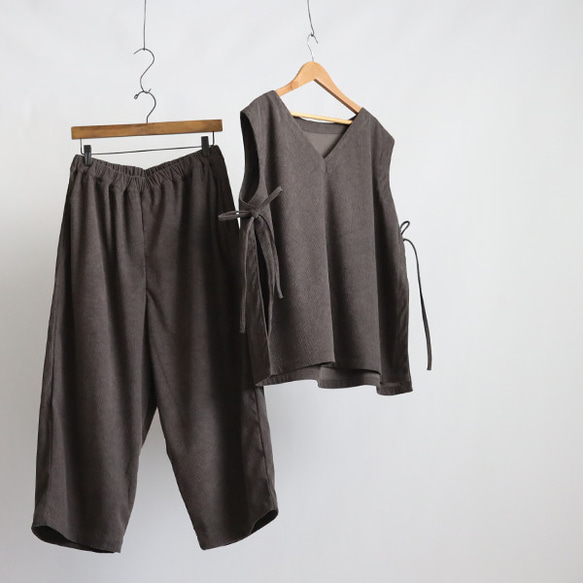 新作　ニット コーデュロイ生地　上下セットアップ　サイド横リボン付き ベスト　幅広 ストレート パンツ K49B 11枚目の画像