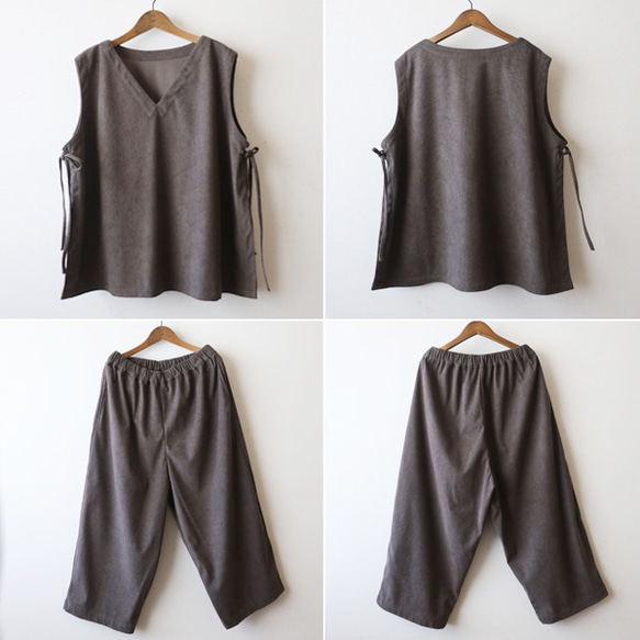 新作　ニット コーデュロイ生地　上下セットアップ　サイド横リボン付き ベスト　幅広 ストレート パンツ K49B 10枚目の画像