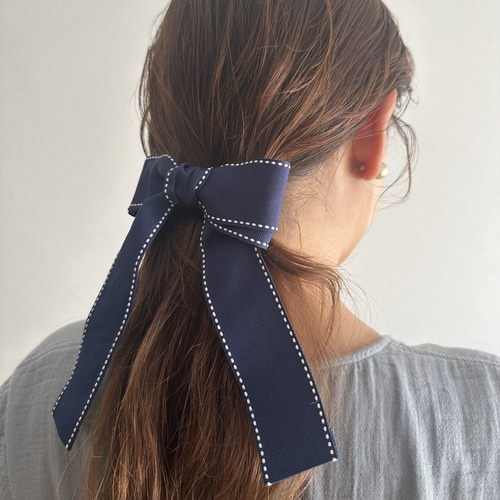 木馬リボン使用】ネイビー リボンバレッタ 2way｜上品ヘアアクセ 入学
