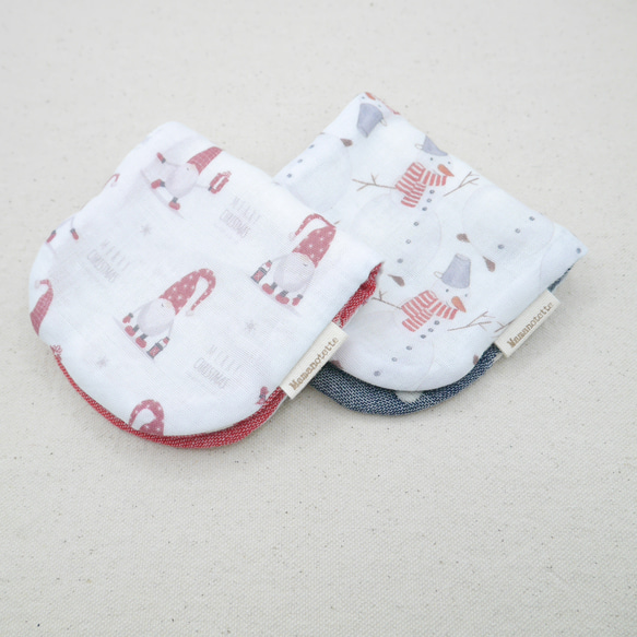 ふわもこハンカチ｜雪だるま・サンタクロース-Snowman&SantaClaus-｜S・10×20cm｜ガーゼハンカチ 1枚目の画像