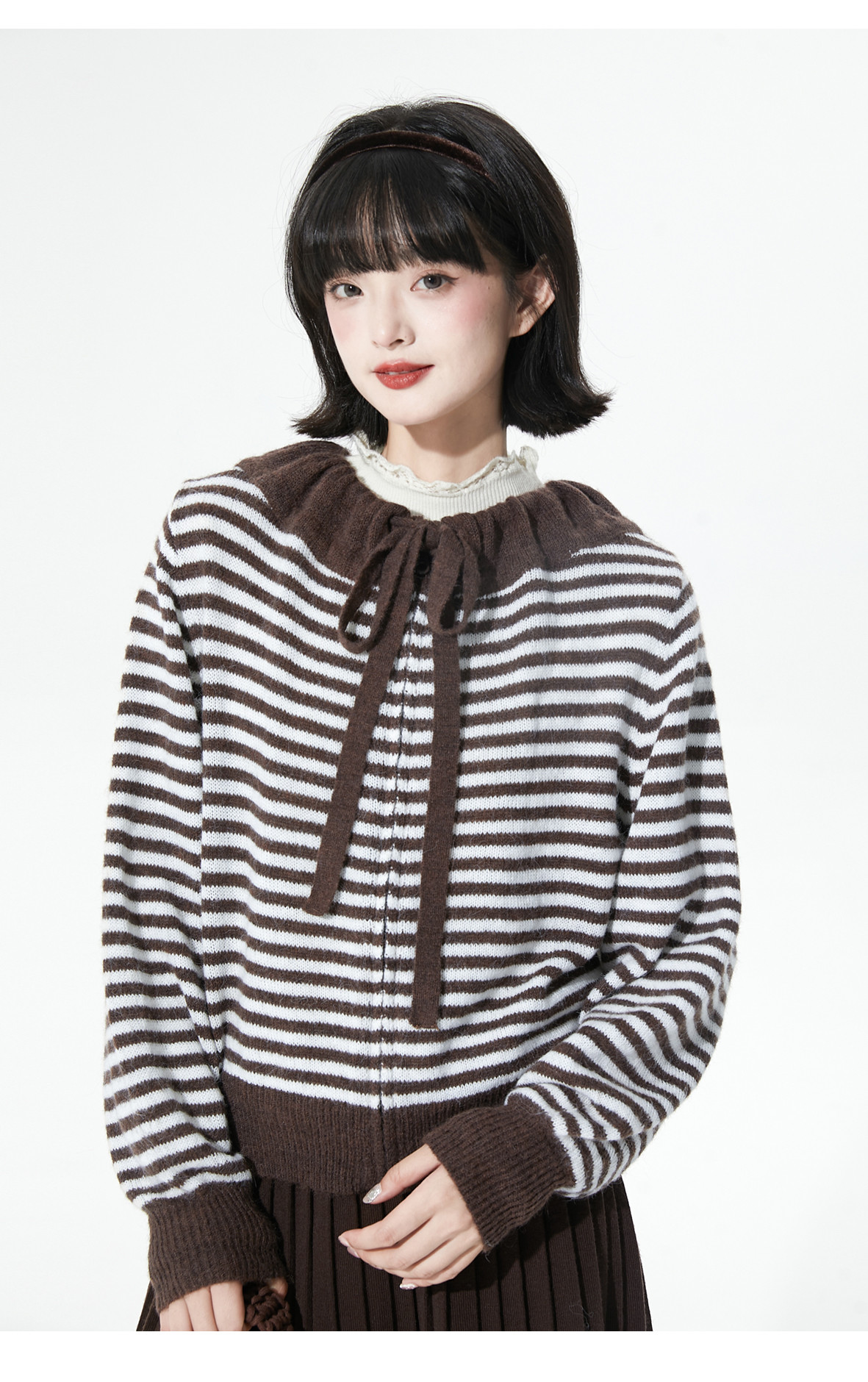 春秋冬クルーネックストライプニットカーディガンコート