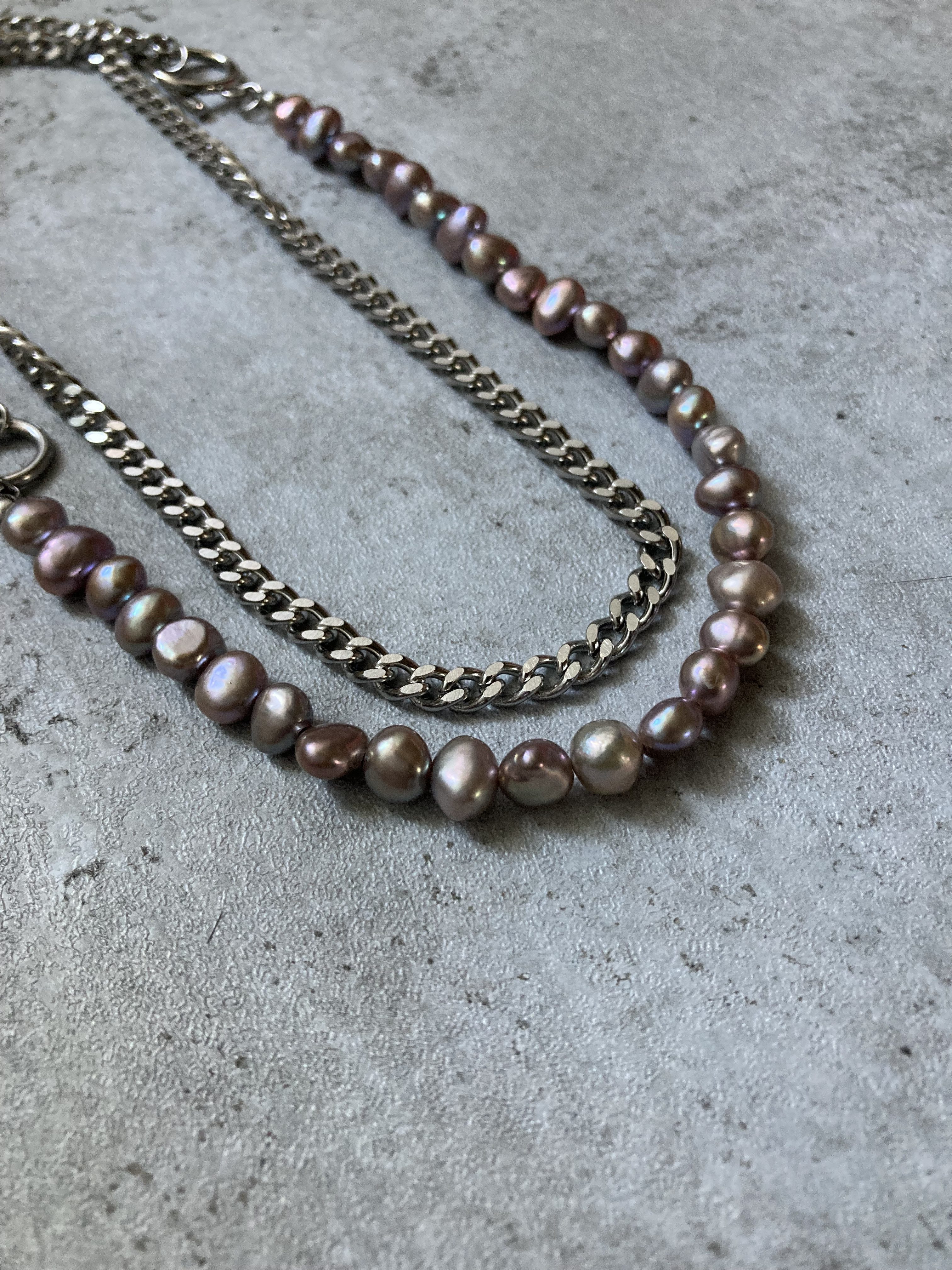 ーGraceーgray pearl long necklaceー　サージカルステンレス　チェーンネックレス　パール