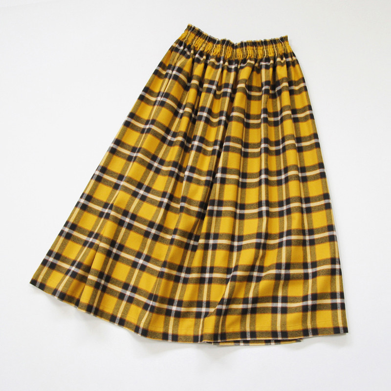【即納】オーガニックコットン 起毛チェック ギャザースカート（クロムイエロー）