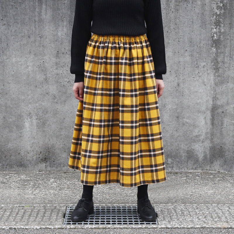 オーガニックコットン 起毛チェック ギャザースカート（ クロムイエロー ）ポケット 7,056円