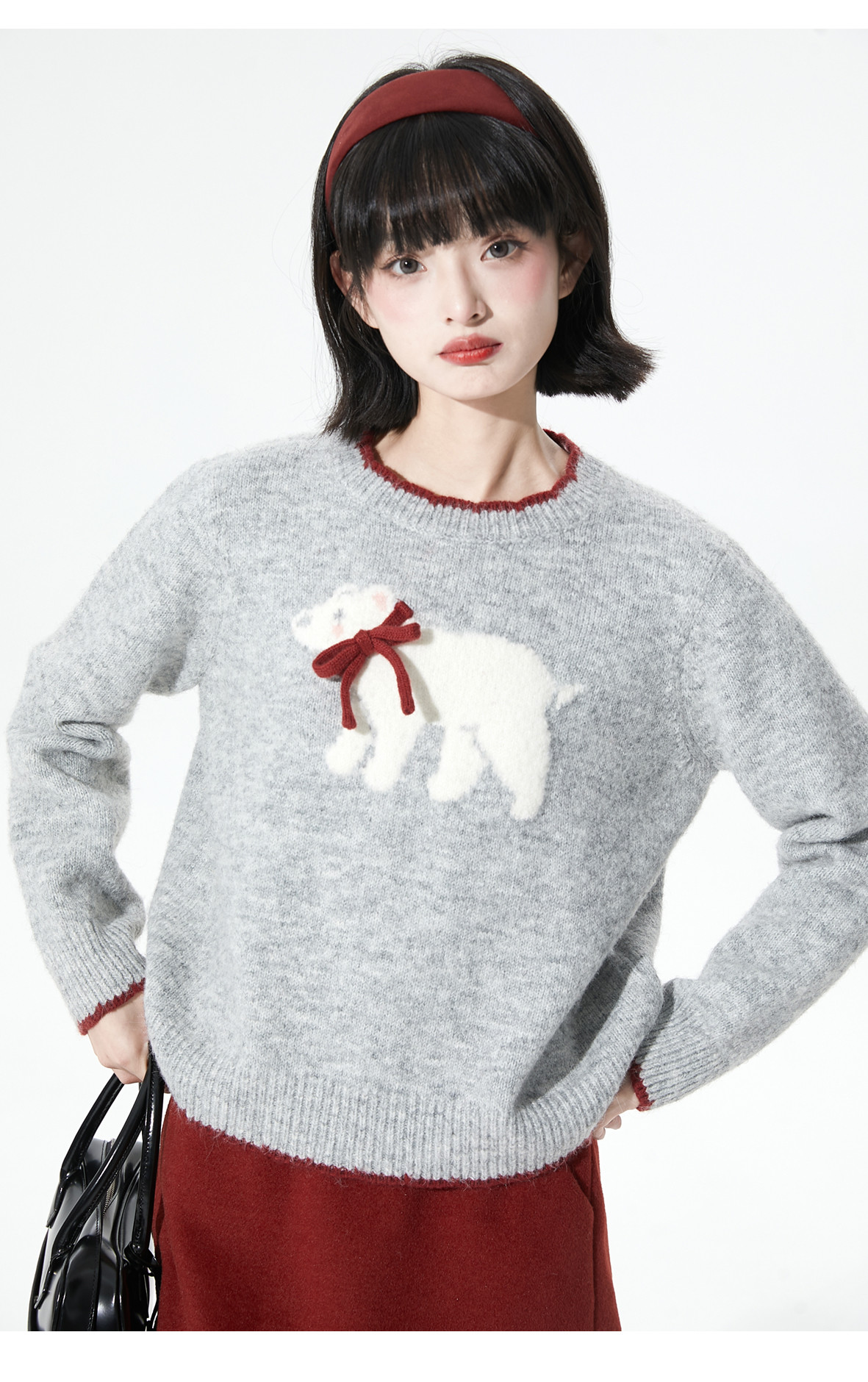 春秋冬白クマジャカードリボン花びら丸首ニットセータートップス