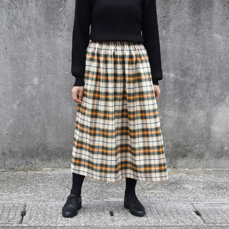 播州織 高品質 ネルチェック ギャザースカート（マリーゴールド）ポケット 両面起毛