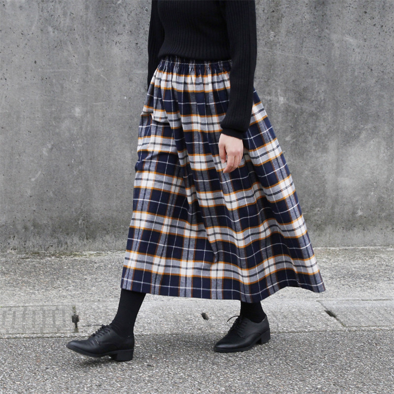 播州織 高品質 ネルチェック ギャザースカート（ミッドナイトブルー）ポケット 両面起毛