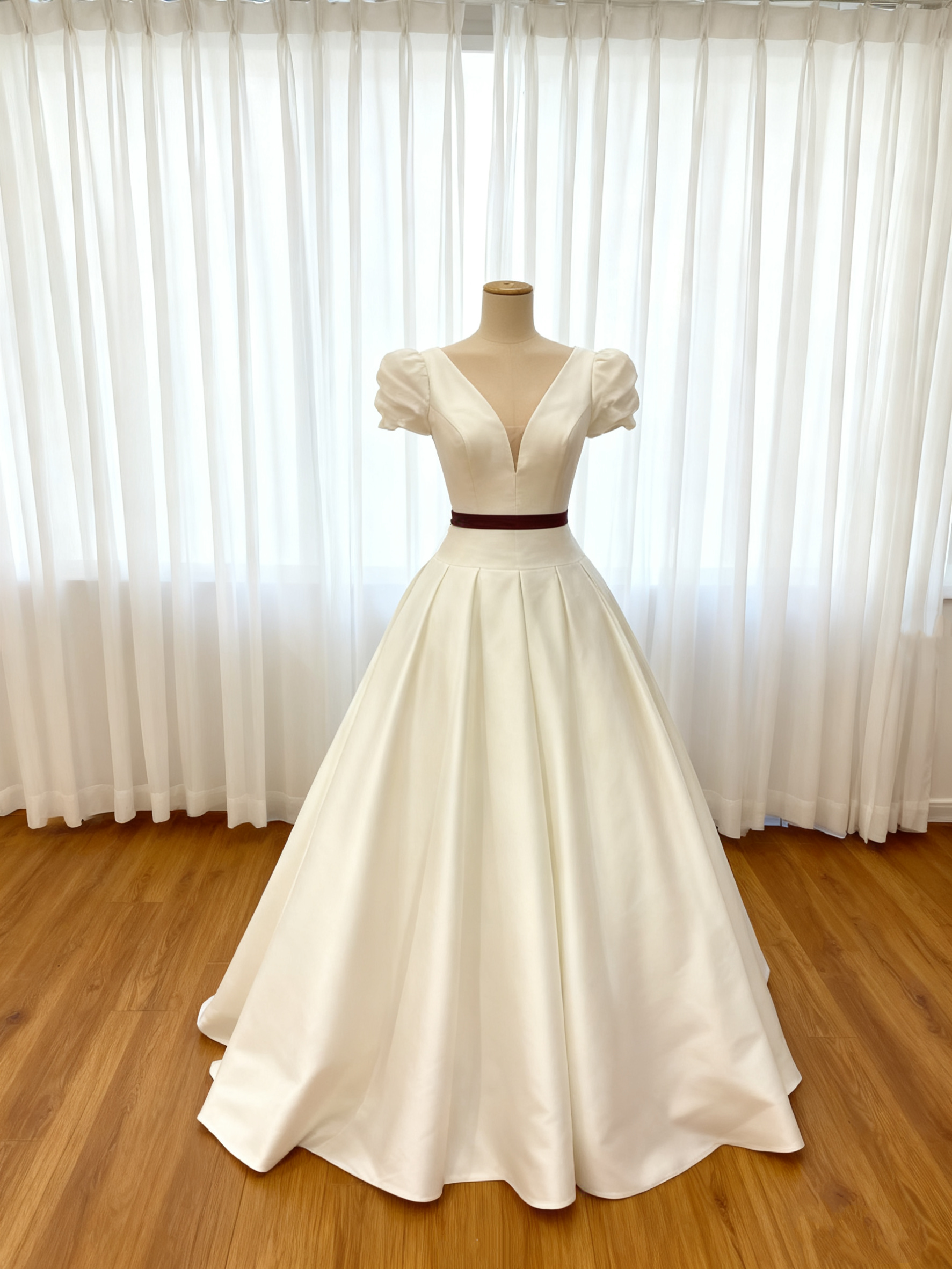 送料無料！ウェディングドレス 半袖 Vネック サッシュベルト オフホワイト ミカドサテン 結婚式 ブライダル Aライン