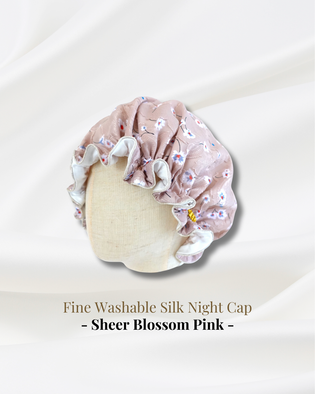 8歳-大人Sheer Blossom Pink（シアー・ブロッサム）洗える国産シルクナイトキャップパイピング リボン