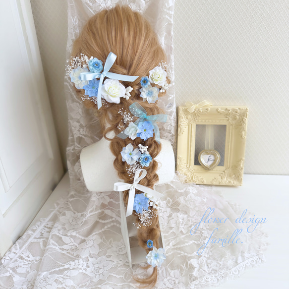 半量】 新作 やわらかな気品 ブルー ✧ リボン× 水色 × ホワイト 髪