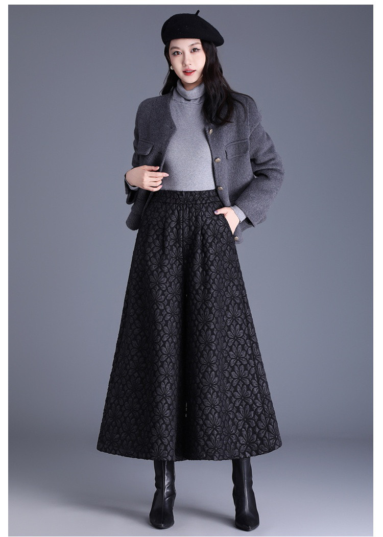 秋新作レディースフリース入り ジャカード ワイドレッグパンツ【返品・交換可】品質最優先25-427