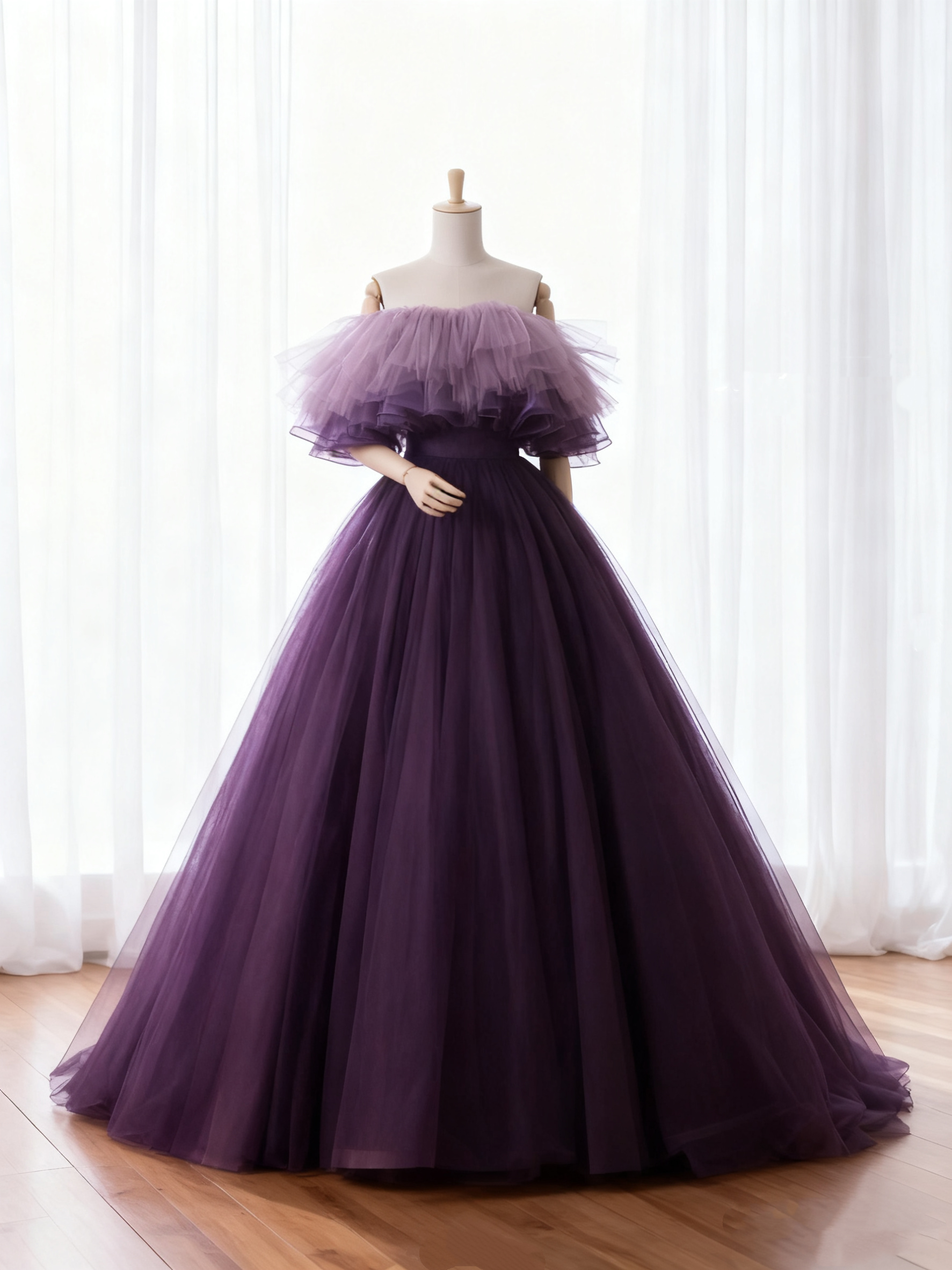 送料無料！カラードレス パープル オフショルダー 柔らかく重ねたチュールスカート 結婚式 Aライン アンティーク色 花嫁