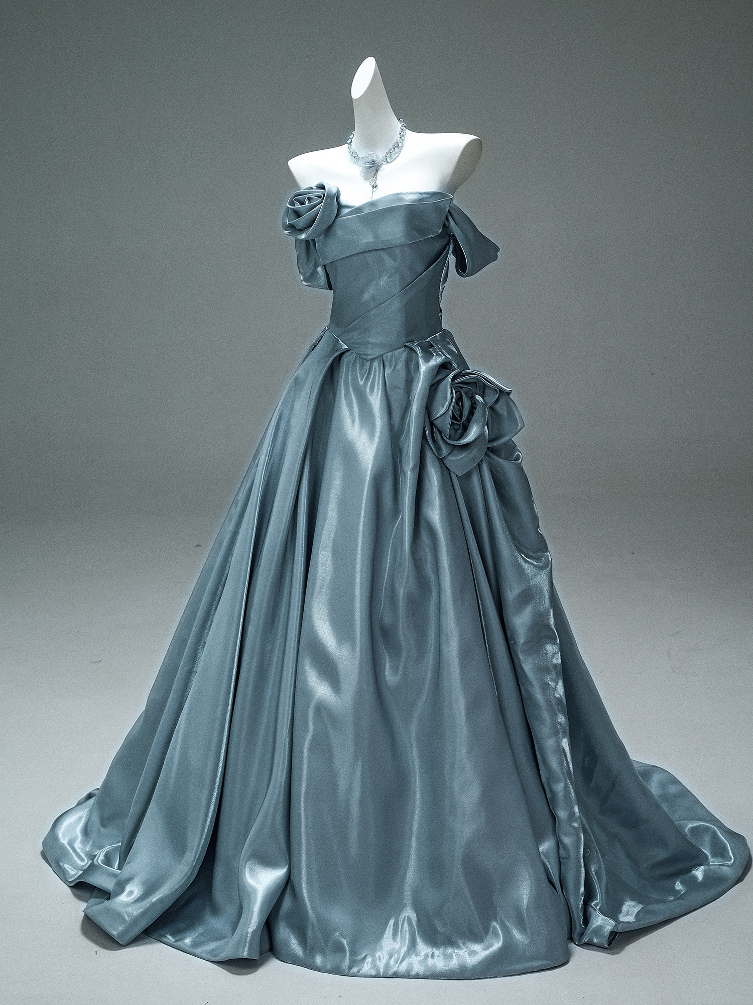 豪華 青 立体花 オフショルダー ドレス ウェディングドレス パーティー 演奏会 二次会 前撮り 披露宴 AK134