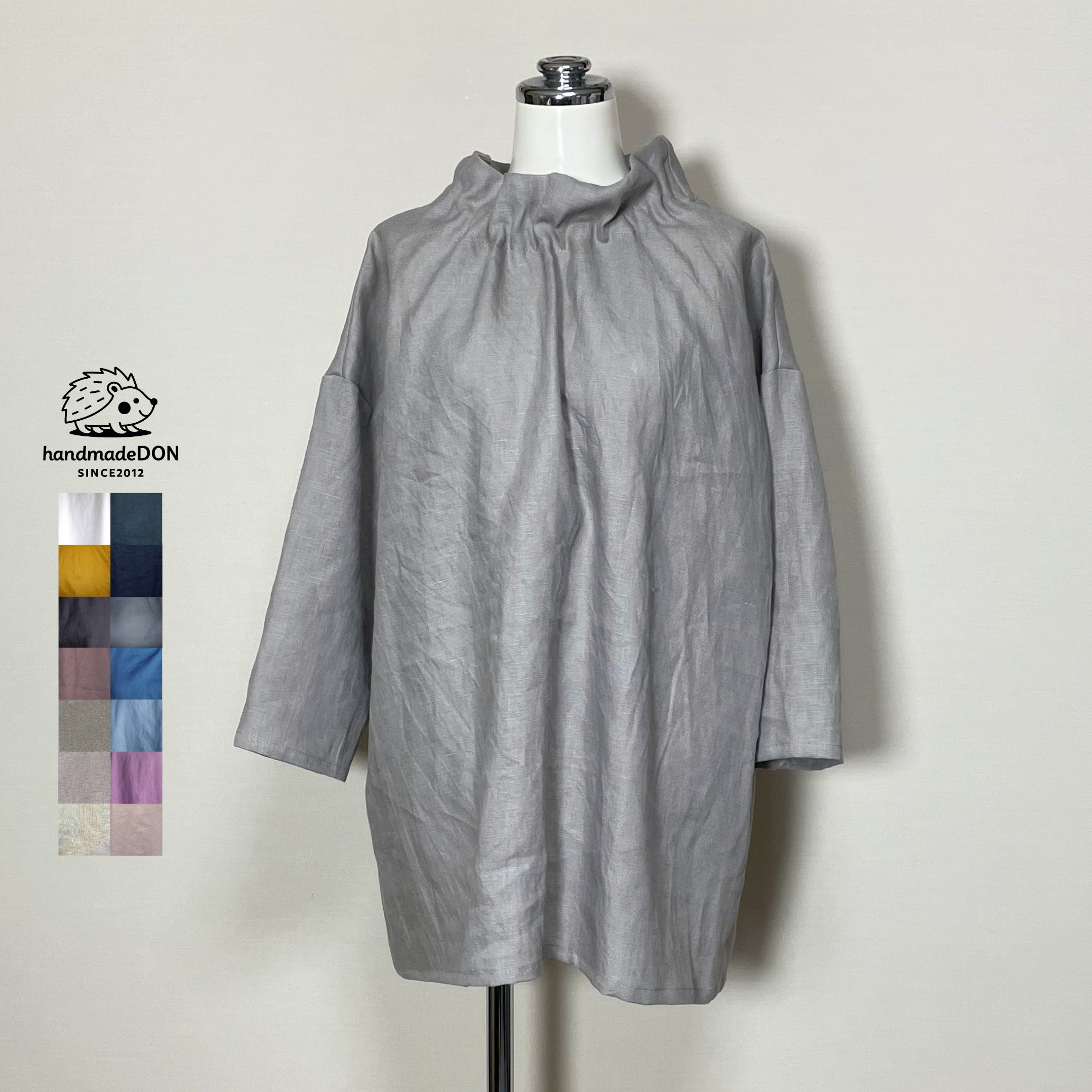 カラーリネン◆フラワーネックブラウス（七分袖）◆グレージュ◆フリーサイズ（中厚、リネン100％）