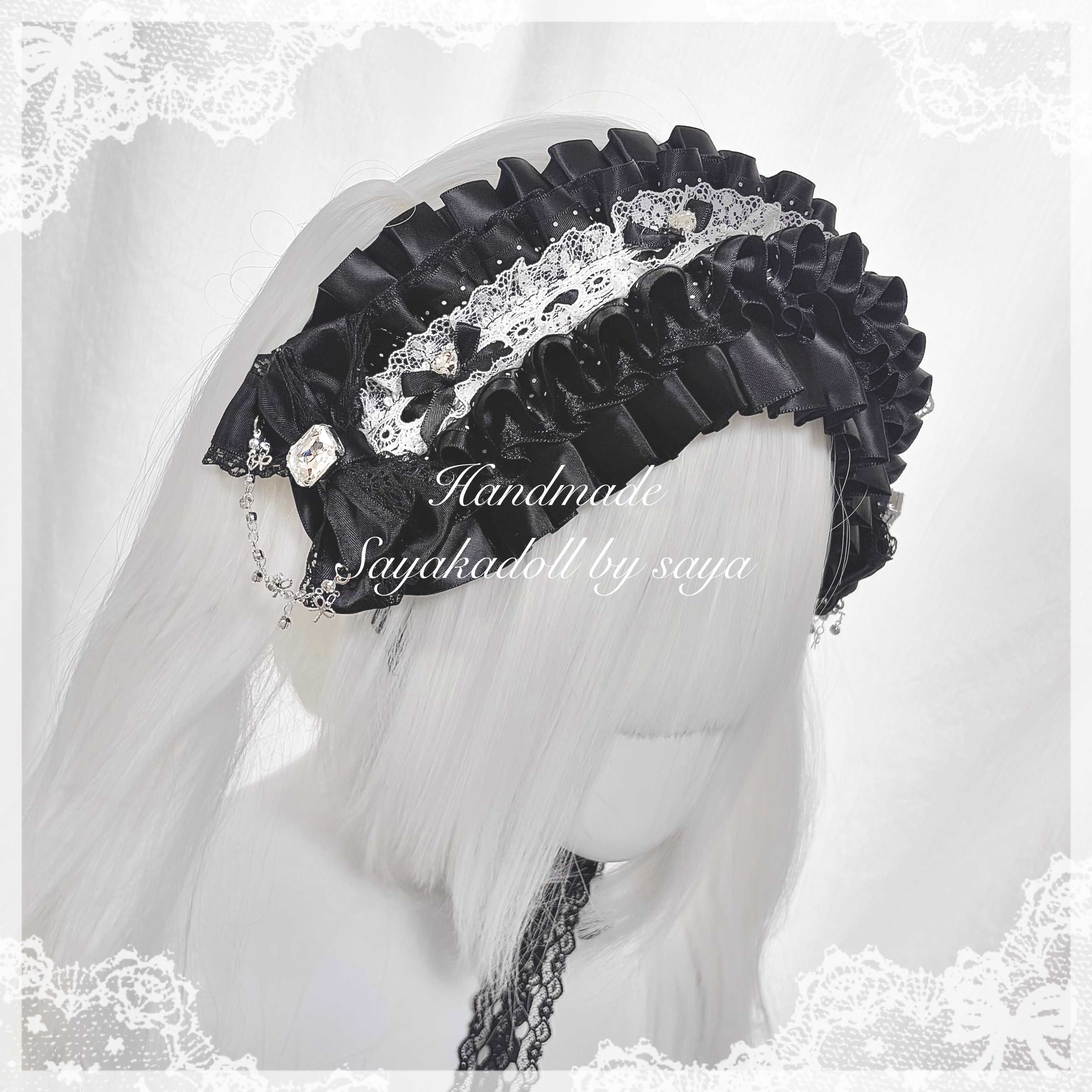 ♡ No.5 ドット柄フリル クリスタルドロップ 大人かわいい姫系リボンヘッドドレス black×white ♡
