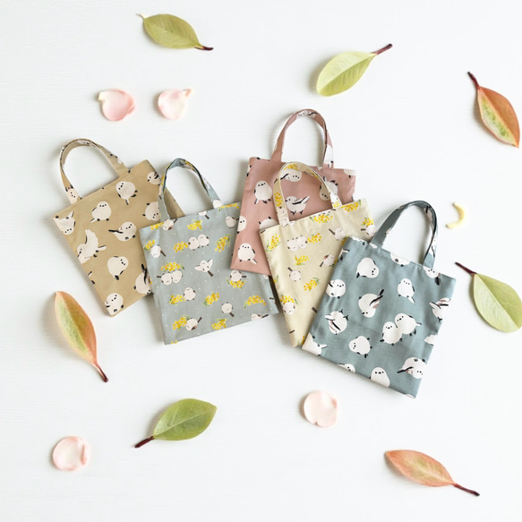 シマエナガ・ミモザ◆お散歩バッグ/ミニトートバッグ【5色よりお選びいただけます】 3枚目の画像