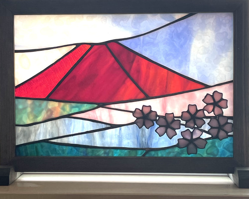 ステンドグラスパネル【赤富士＆桜】 ステンドグラスパネル【赤富士＆桜】 その他インテリア雑貨 ゆうちゃん