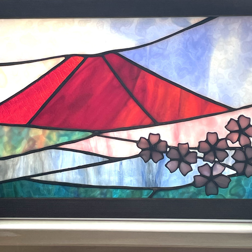 ステンドグラスパネル【赤富士＆桜】 その他インテリア雑貨 ゆうちゃん