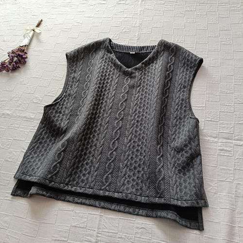 サイドスリット ジャガードベスト vネック 杢グレー ジャガードニット