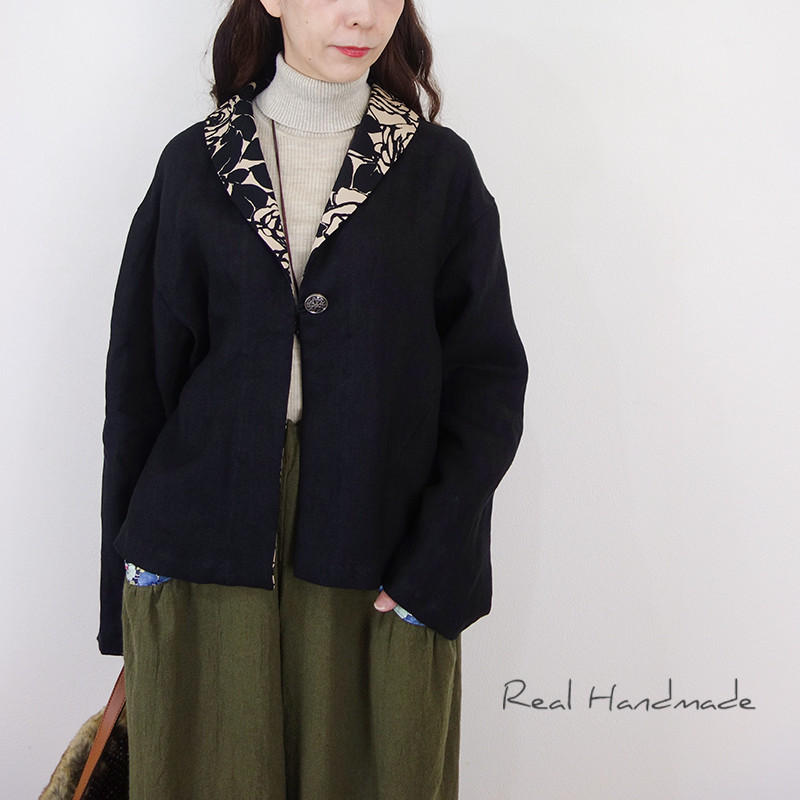 ブラックリネン・切り絵フラワー羽織りジャケット（セットアップ可）