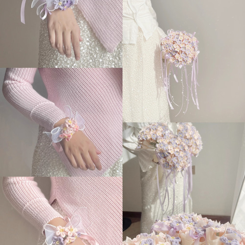 パール　リボン　ウェディングブーケ　アーティフィシャルフラワー　シャワーブーケ かぎ針編みブーケ 毛糸編み ウェディングブーケ リボン パール 紫 青